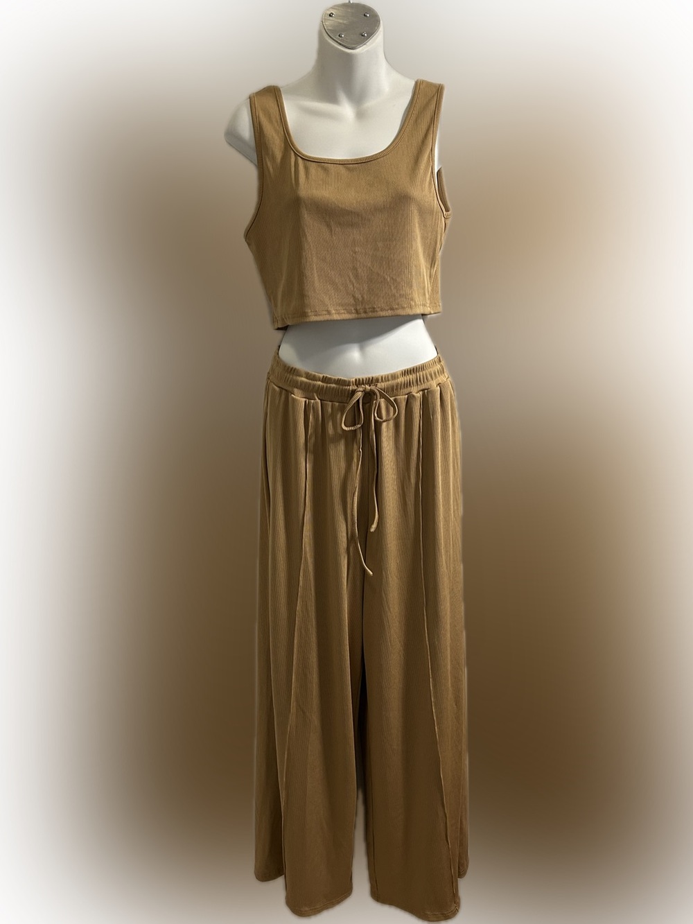 Women's Tan Wide-Leg Lounge Pants with Drawstring